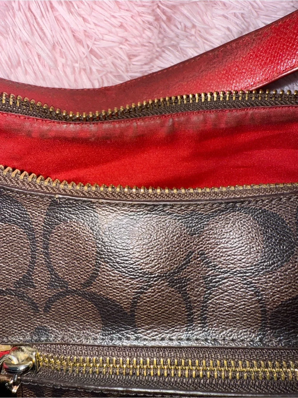 Coach Brown Signature Shoulder Bag with Red Trim